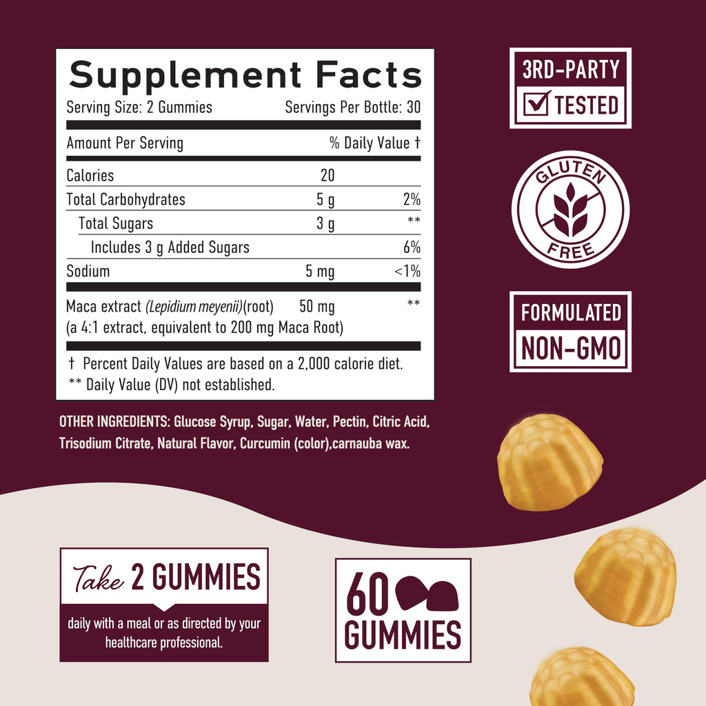 Maca Root Gummies with Natural Peach Flavor | Drive, Performance & Energy Support | Hormone Balance for Women and Men | Herbal Supplements 200MG Extra Strength | Vegetarian, Non-GMO | 60 Gummies SMNutrition Au supplements