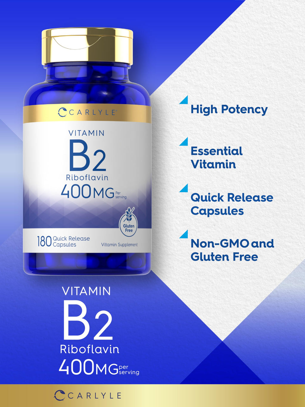 Carlyle Vitamin B-2 400mg | 180 Count | Non-GMO, Gluten Free Supplement | B2 Riboflavin