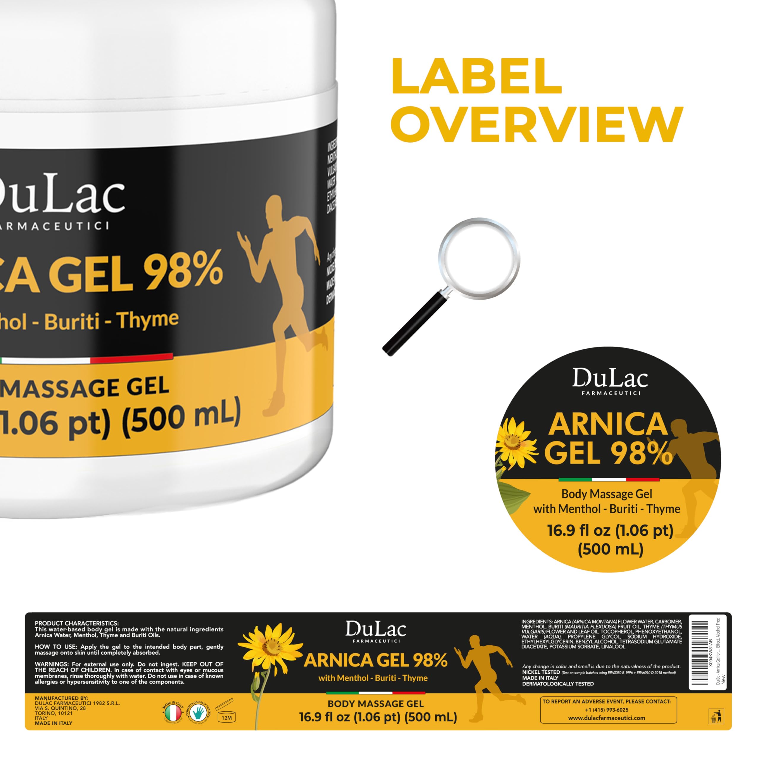 Dulac Arnica Body Massage Gel – Water-Based Cosmetic Massage Gel with Arnica Montana, Fast-Absorbing Lightweight Texture, Non-Greasy Feel, Dermatologically Tested, 16.9 fl oz DULÀC FARMACEUTICI 1982 Au supplements