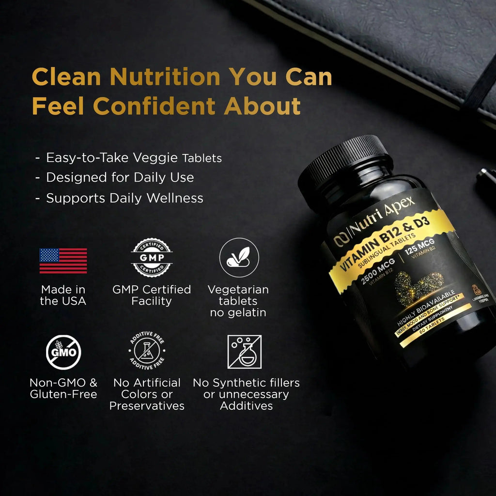 Nutri Apex Vitamin B12 & D3 Sublingual Tablets - 2500 mcg B12 & 125 mcg (5000 IU) D3 - Highly Bioavailable for Energy, Mood & Bone Health - Lab-Tested Nutri Apex Au supplements
