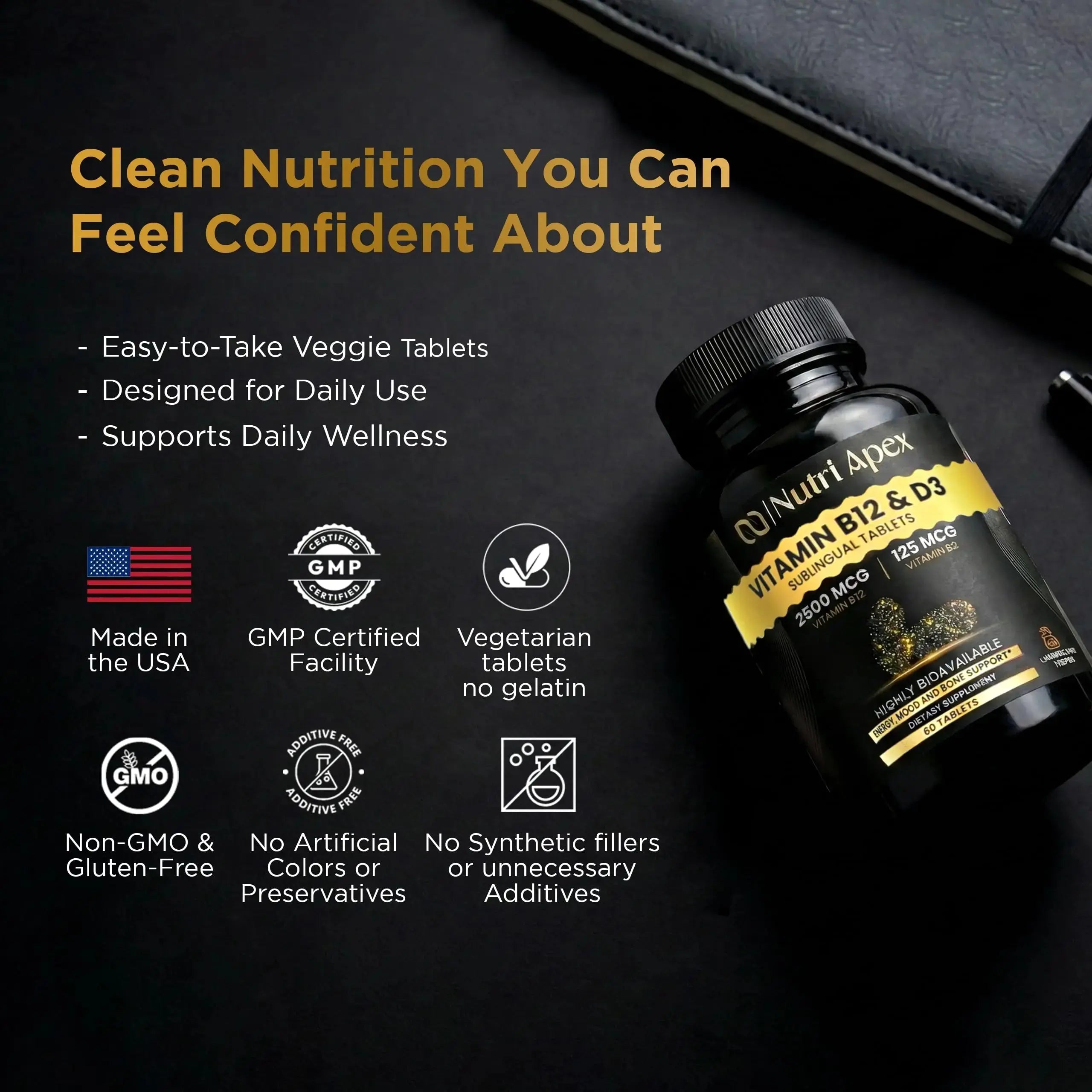 Nutri Apex Vitamin B12 & D3 Sublingual Tablets - 2500 mcg B12 & 125 mcg (5000 IU) D3 - Highly Bioavailable for Energy, Mood & Bone Health - Lab-Tested Nutri Apex Au supplements