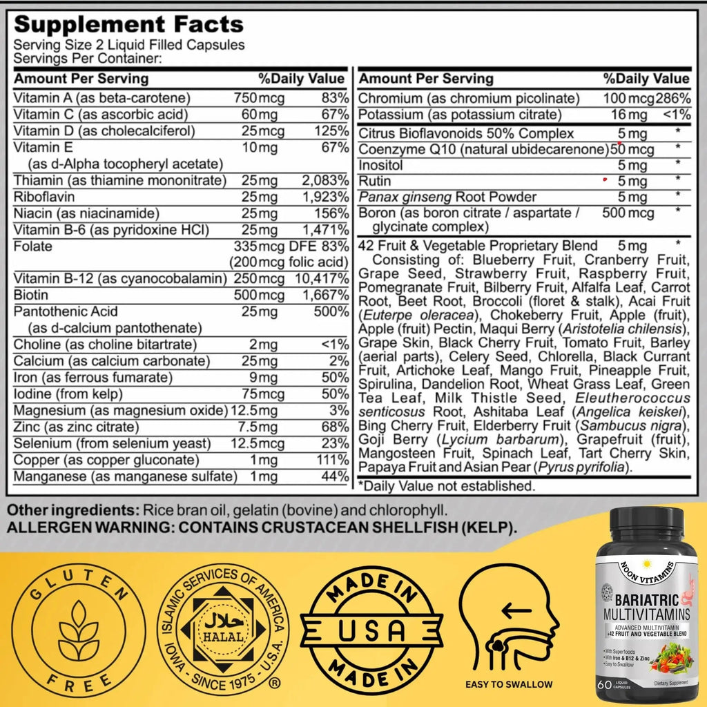 Bariatric Multivitamin with Iron for Women & Men - All-in-One 42 Superfood Blend for Energy & Immune Support - Post-Surgery Recovery NOON VITAMINS Au supplements