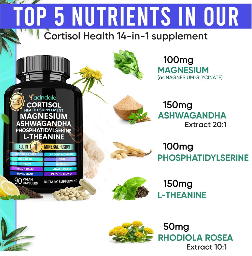Adndale Cortisol Supplements for Women. Cortisol Reducer 14-in-1 Ashwagandha Supplement with Magnesium Glycinate, L-Theanine & More. 90 Capsules. Adndale Au supplements