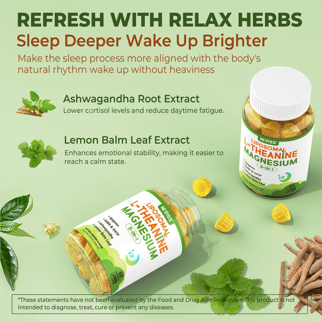 Liposomal L-Theanine 200mg Magnesium Glycinate 400mg Gummies with GABA, 5HTP, Apigenin, Vitamin B6 & D3, Ashwagandha, Lemon Balm Leaf, Melatonin Free Sleep