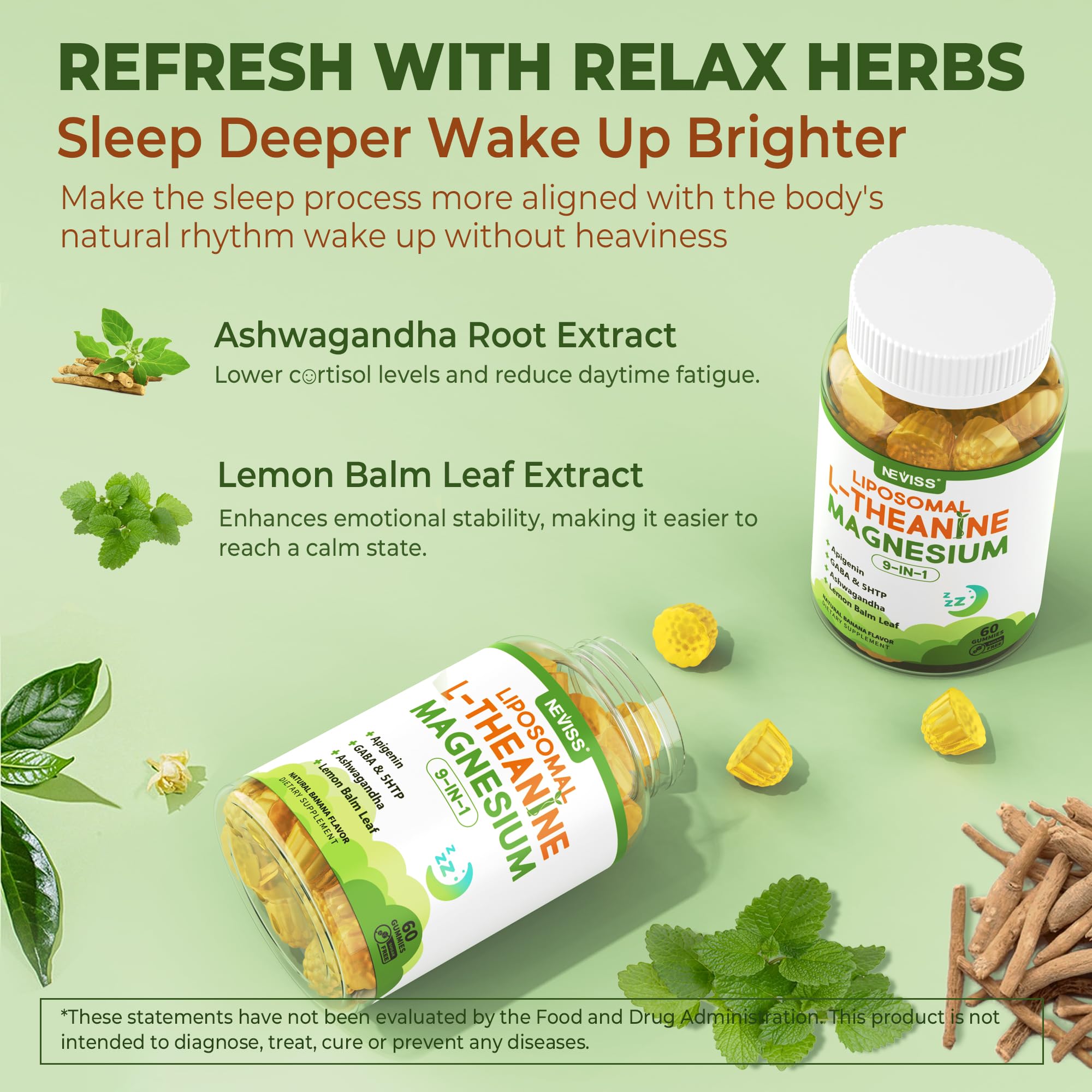 Liposomal L-Theanine 200mg Magnesium Glycinate 400mg Gummies with GABA, 5HTP, Apigenin, Vitamin B6 & D3, Ashwagandha, Lemon Balm Leaf, Melatonin Free Sleep