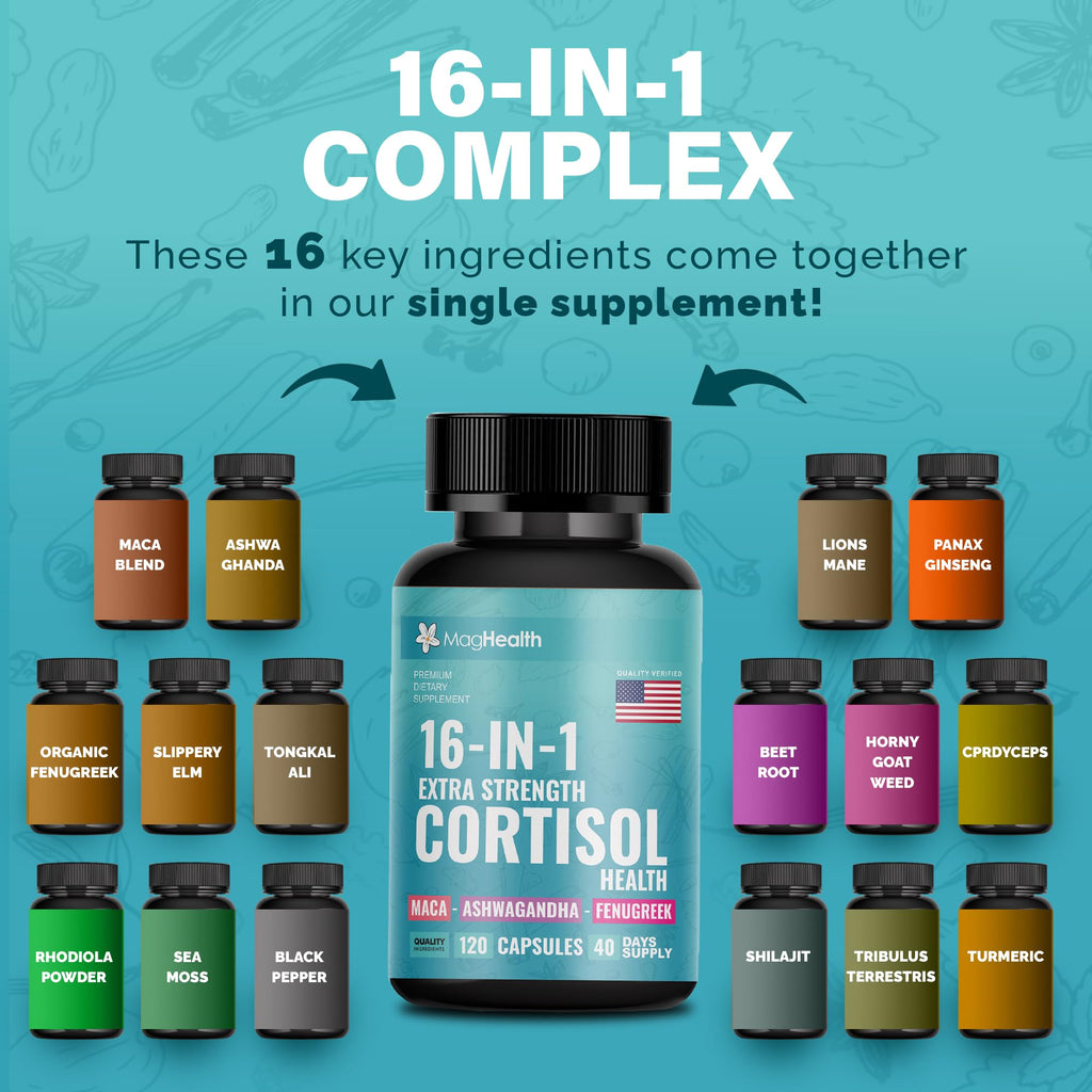 Cortisol Complex 16-in-1 Supplement for Women & Men | Stress Support Manager with Organic Ashwagandha, Maca Root, Rhodiola Rosea & Shilajit | Adaptogen Blend for Balance & Energy | 120 Capsules MagHealth Au supplements