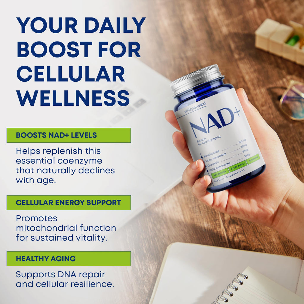 NAD+ Supplement with Nicotinamide Riboside, Trans Resveratrol & Quercetin – NAD Plus Complex for Energy, Brain & Mitochondrial Support – Antioxidant and Longevity Formula for Women & Men – 60 capsules WHISPERWOOD Au supplements