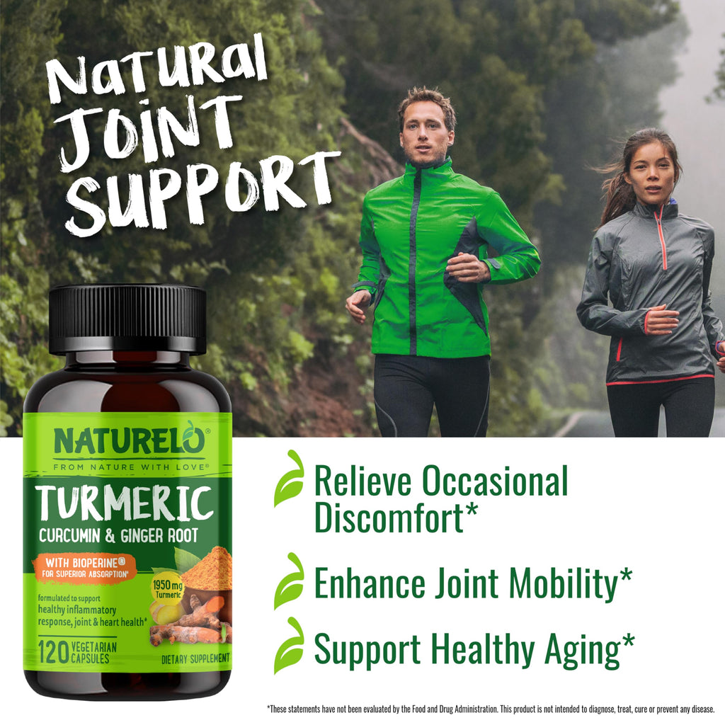 NATURELO Turmeric Curcumin - BioPerine for Better Absorption - Black Pepper, Ginger Root, Curcuminoids - Plant-Based Joint Discomfort Support