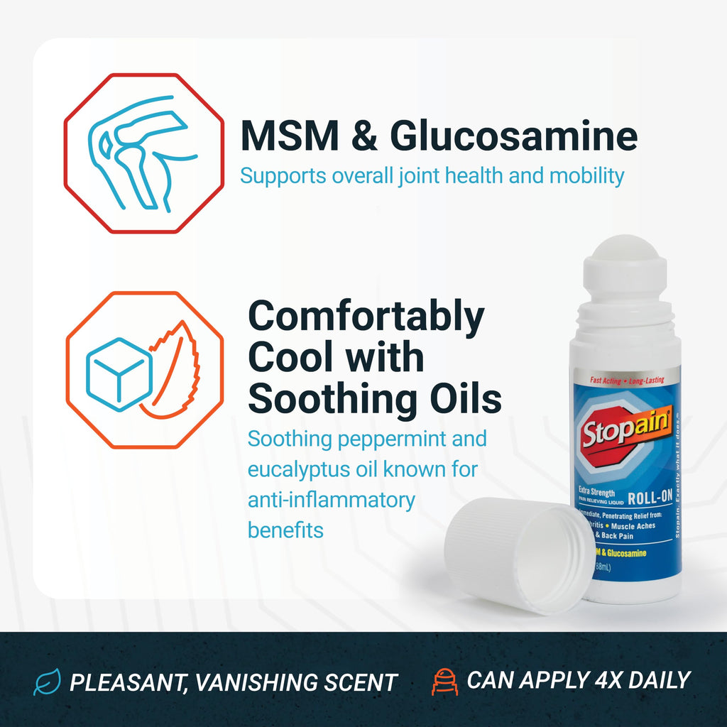 Stopain Pain Relief Roll On Gel 3oz, USA Made, Max Strength Fast Acting with MSM, Glucosamine, Menthol for Arthritis, Lower Back, Knee, Neck, HSA FSA Approved OTC Topical Analgesic Products Stopain Au supplements