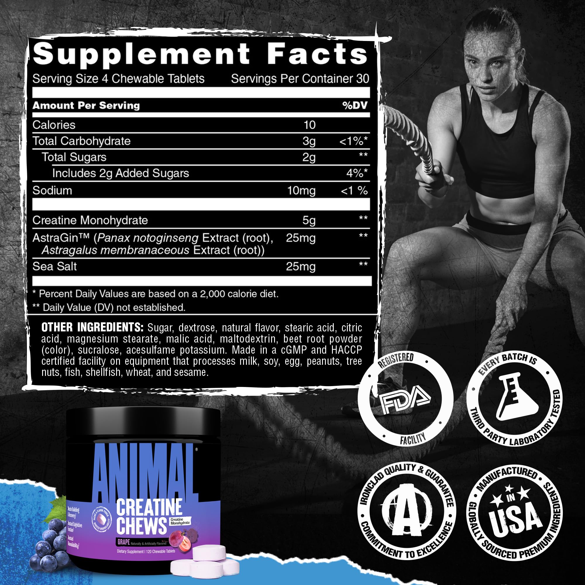 Animal Creatine Chews – 5g Creatine Monohydrate Tablets for Strength, Power & Training Recovery Support – Enhanced Absorption with AstraGin® – Convenient Chewable Format – 120 Tablets Animal Au supplements