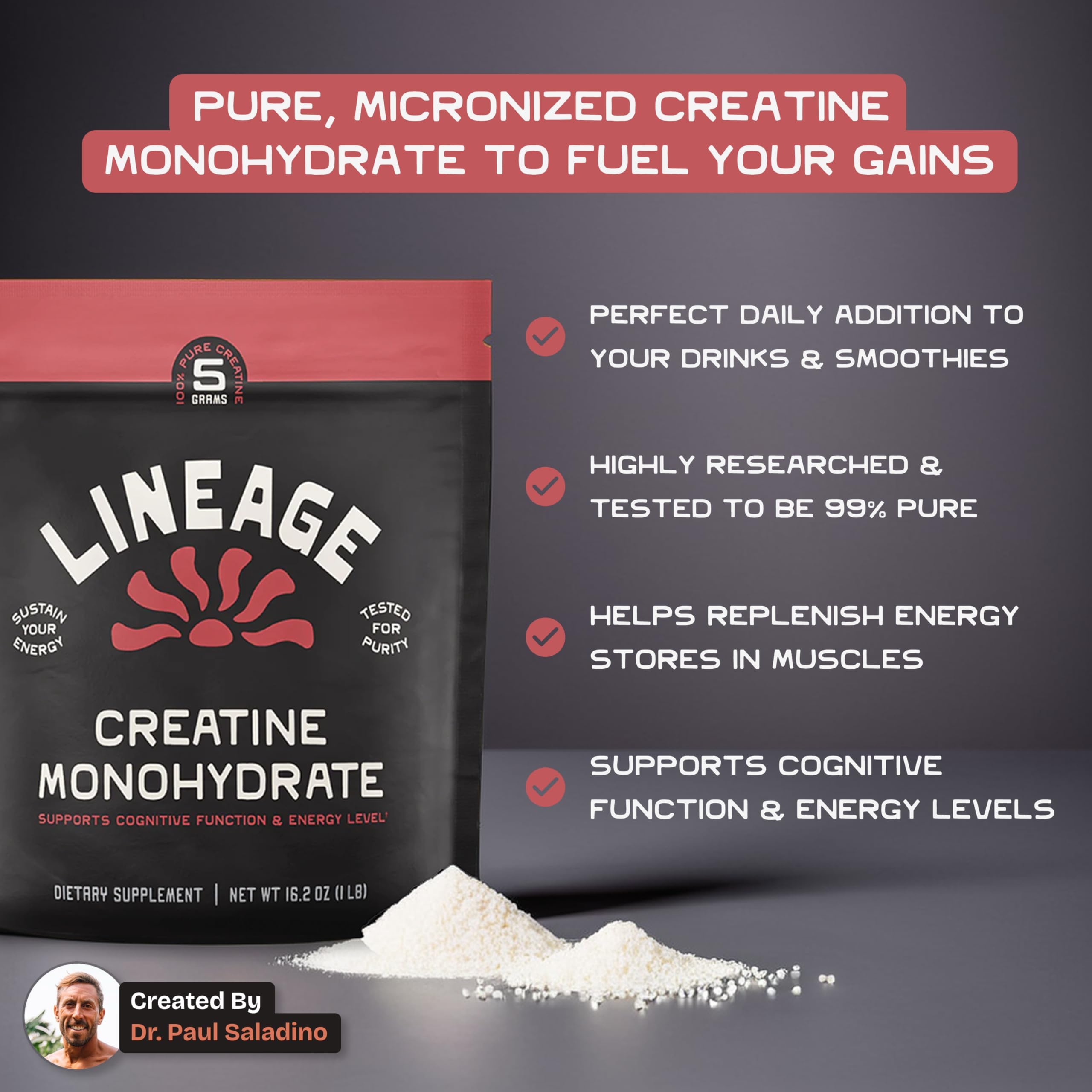 Lineage Provisions Micronized Creatine Monohydrate with Sea Salt - Micronized Creatine Powder for Training & Performance
