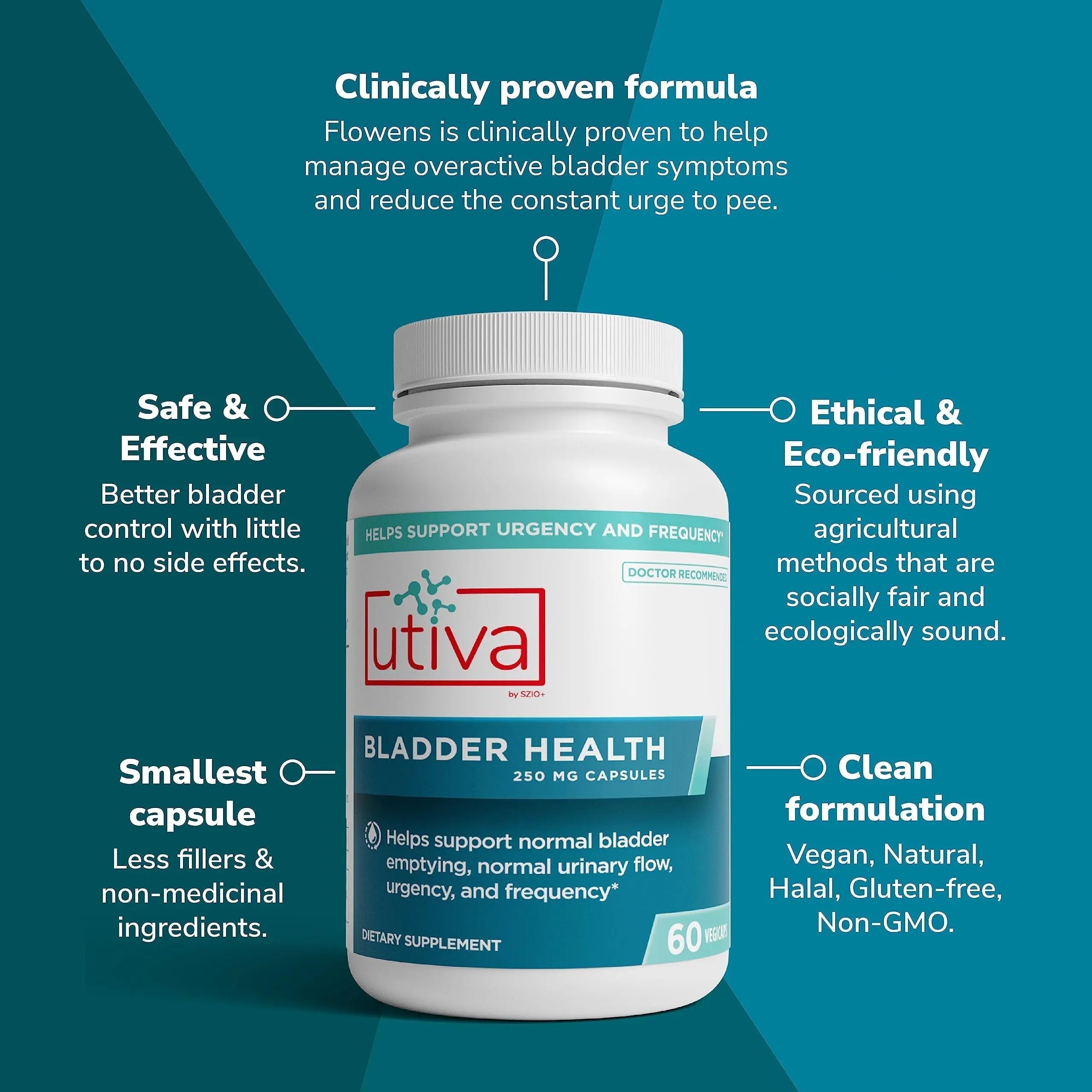 Szio+ Utiva Bladder Health - Control Supplement for Overactive Bladder and Lower Urinary Tract Health - Clinically Proven to Reduce Frequency and Urgency - 60 Capsules Szio+ Au supplements