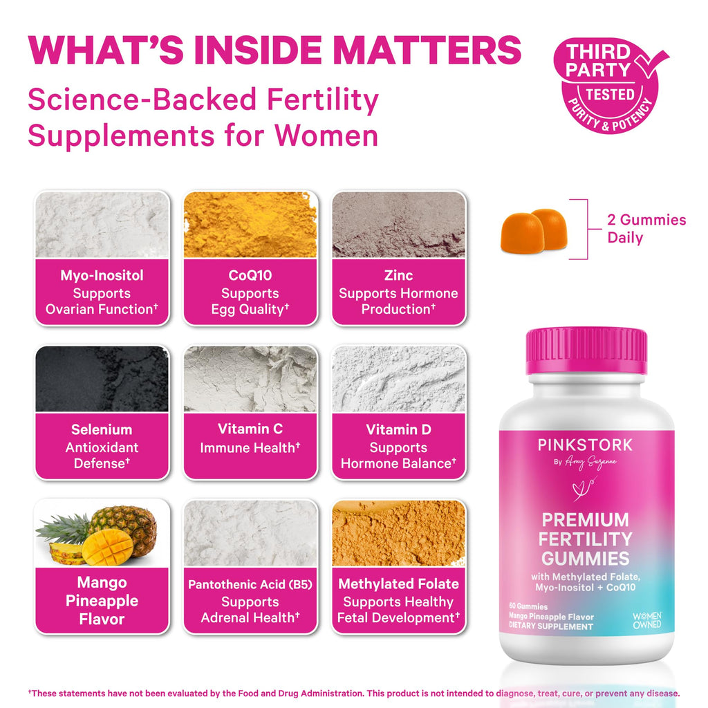 Pink Stork Premium Fertility Gummies | Fertility Supplements for Women with CoQ10, Myo-Inositol + Prenatal Vitamins | Conception Support | Hormone Balance for Women, Ovarian Care - 60 Gummies Pink Stork Au supplements