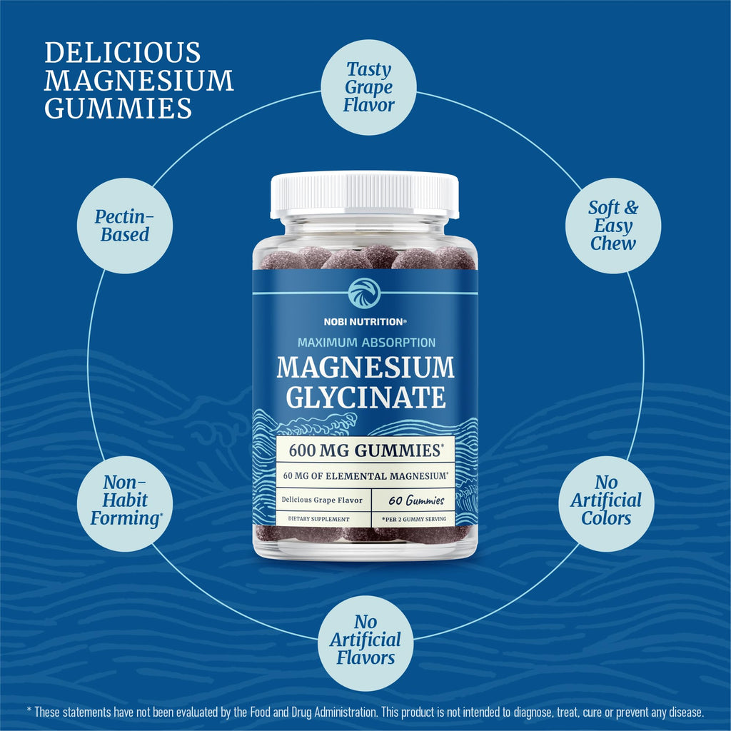 Magnesium Glycinate Gummies 600MG | Sleep, Calm & Relaxation Support | 60MG Elemental Mag Per Serving | Grape Flavor, Gluten-Free | High Absorption Magnesium Gummies for Women, Men & Family | 60 Ct