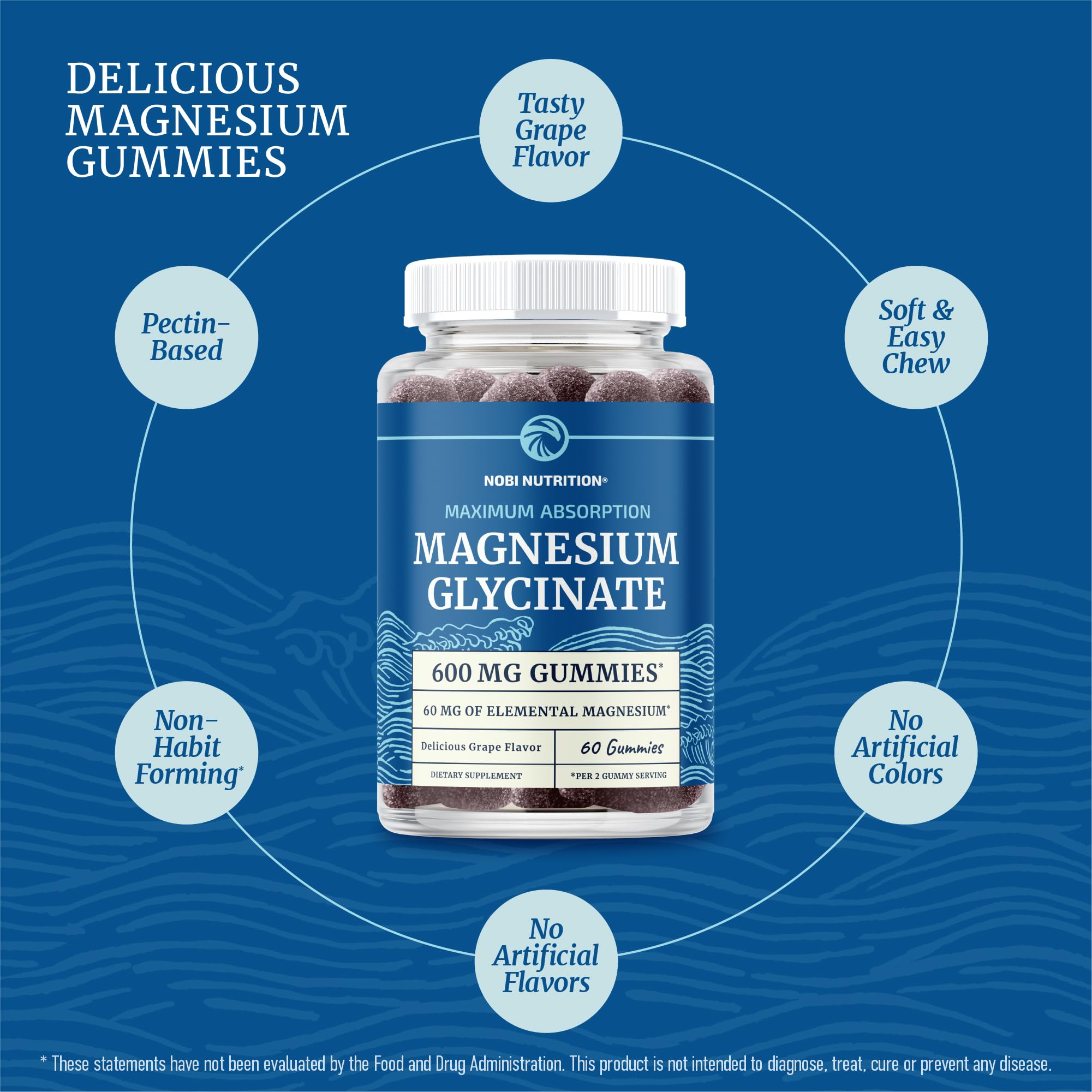 Magnesium Glycinate Gummies 600MG | Sleep, Calm & Relaxation Support | 60MG Elemental Mag Per Serving | Grape Flavor, Gluten-Free | High Absorption Magnesium Gummies for Women, Men & Family | 60 Ct