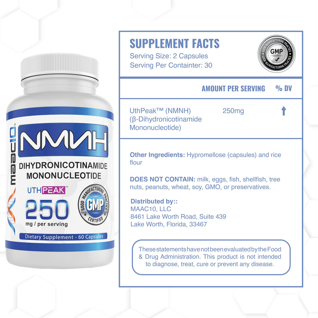 MAAC10 NMNH (NMN Supplement Alternative) 250mg Serving | Uthpeak™ NMNH (Dihydronicotinamide Mononucleotide) for Better Stability | 30-Day Supply. MAAC10 Au supplements