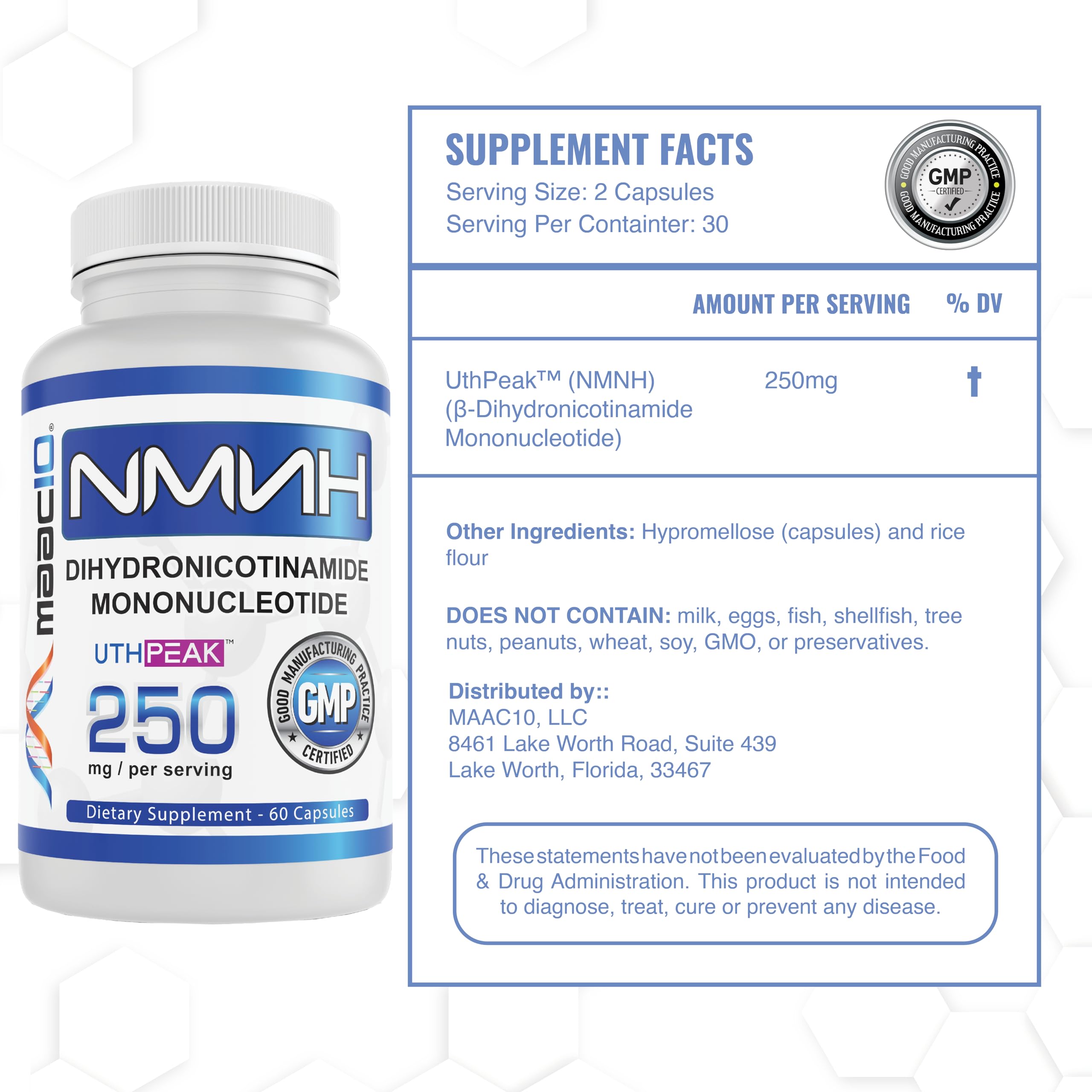 MAAC10 NMNH (NMN Supplement Alternative) 250mg Serving | Uthpeak™ NMNH (Dihydronicotinamide Mononucleotide) for Better Stability | 30-Day Supply. MAAC10 Au supplements