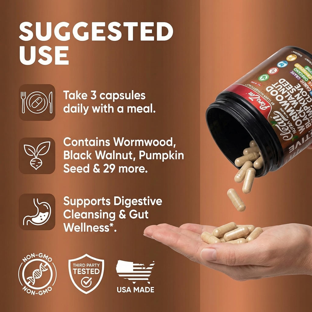 Clean Nutra Wormwood Black Walnut Pumpkin Seed Clove Oil Celery Garlic Grape Papaya Neem Diatomaceous Earth Womens Probiotic Gut Health Cleanse Detox Oregano