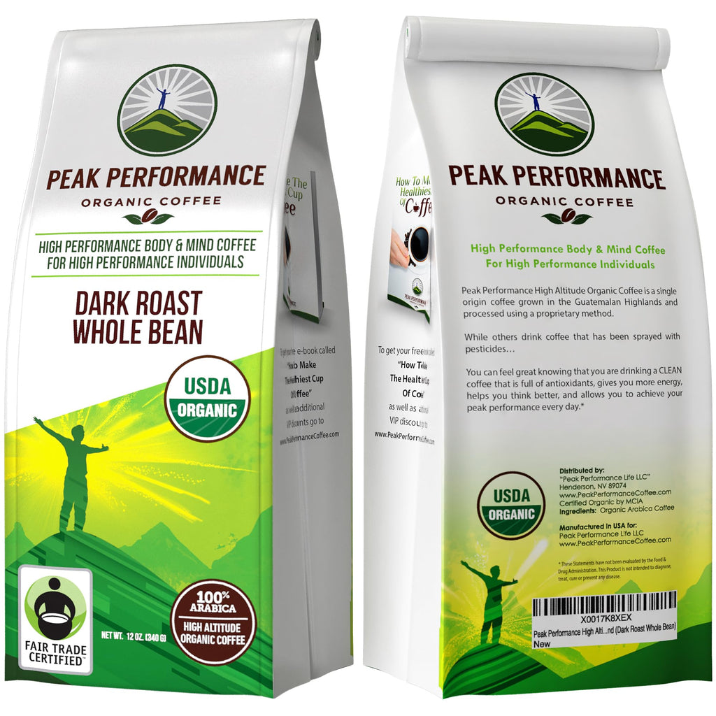 Peak Performance High Altitude Organic Coffee - Fair Trade, Low Acid, Non GMO, and Beans Full of Antioxidants - Dark Roast Smooth Tasting USDA Certified Organic Whole Bean Coffee Bag 12 oz Peak Performance Au supplements