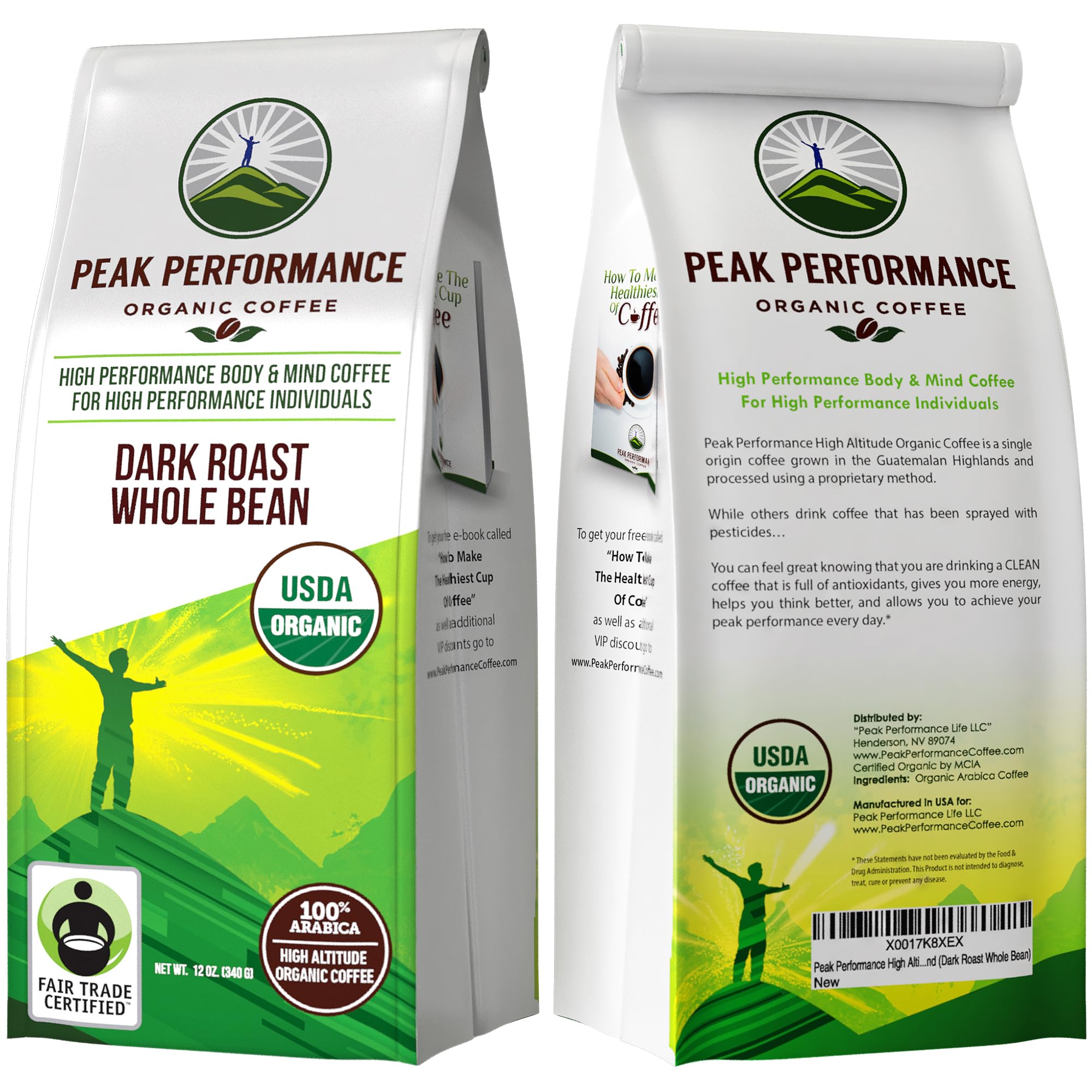 Peak Performance High Altitude Organic Coffee - Fair Trade, Low Acid, Non GMO, and Beans Full of Antioxidants - Dark Roast Smooth Tasting USDA Certified Organic Whole Bean Coffee Bag 12 oz Peak Performance Au supplements