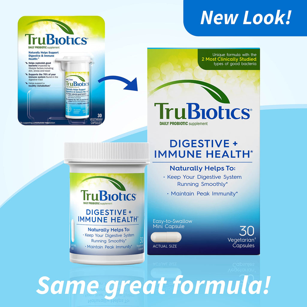 TruBiotics Probiotics for Digestive & Immune Health, Supports Regularity & Helps Relieve Abdominal Discomfort, Gas & Bloating, 2 Clinically Studied Probiotic Strains, Plus Prebiotics, 30 Capsules TruBiotics Au supplements