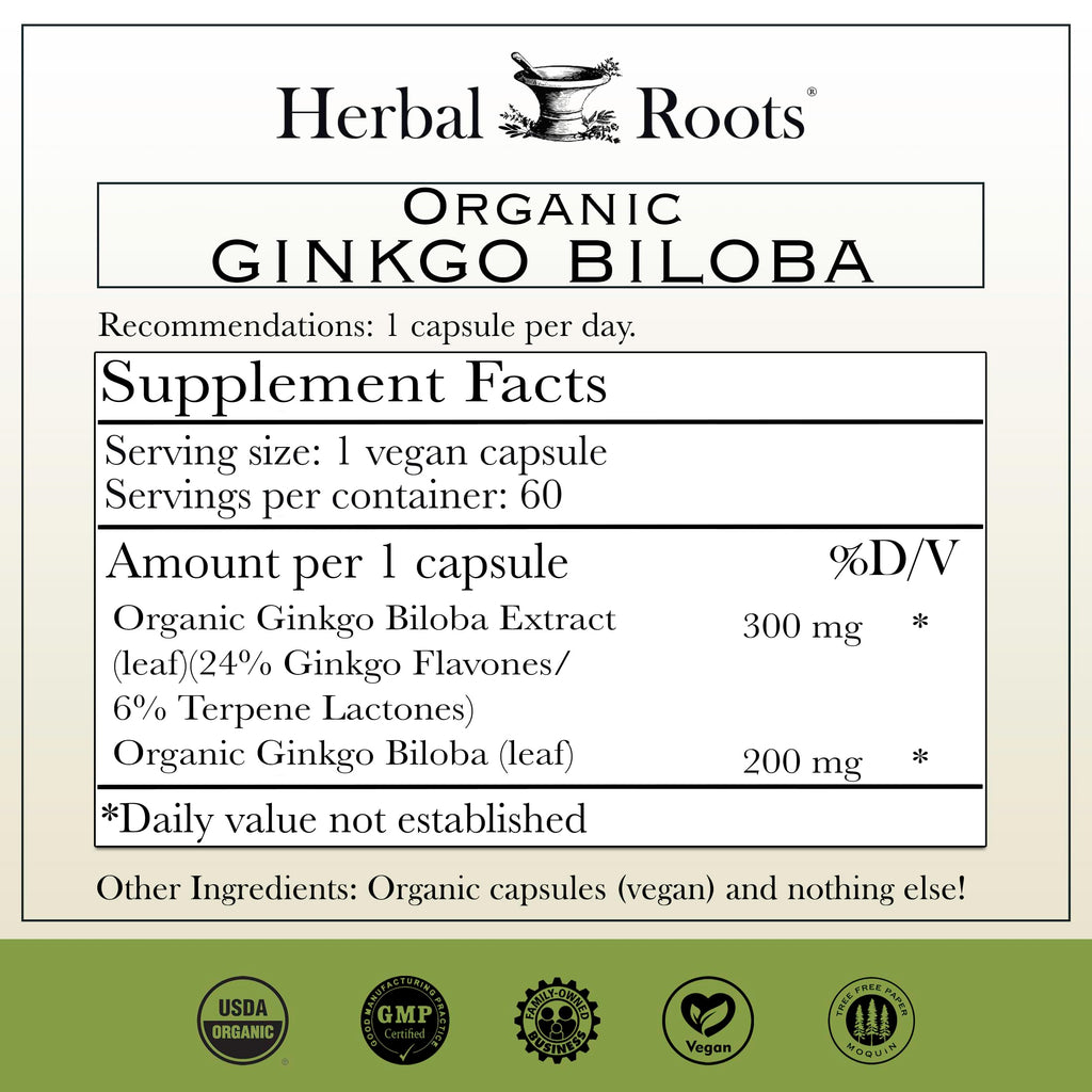 Herbal Roots Organic Ginkgo Biloba Made with Pure Organic Ginkgo Leaf and Extract - 60 Vegan Capsules