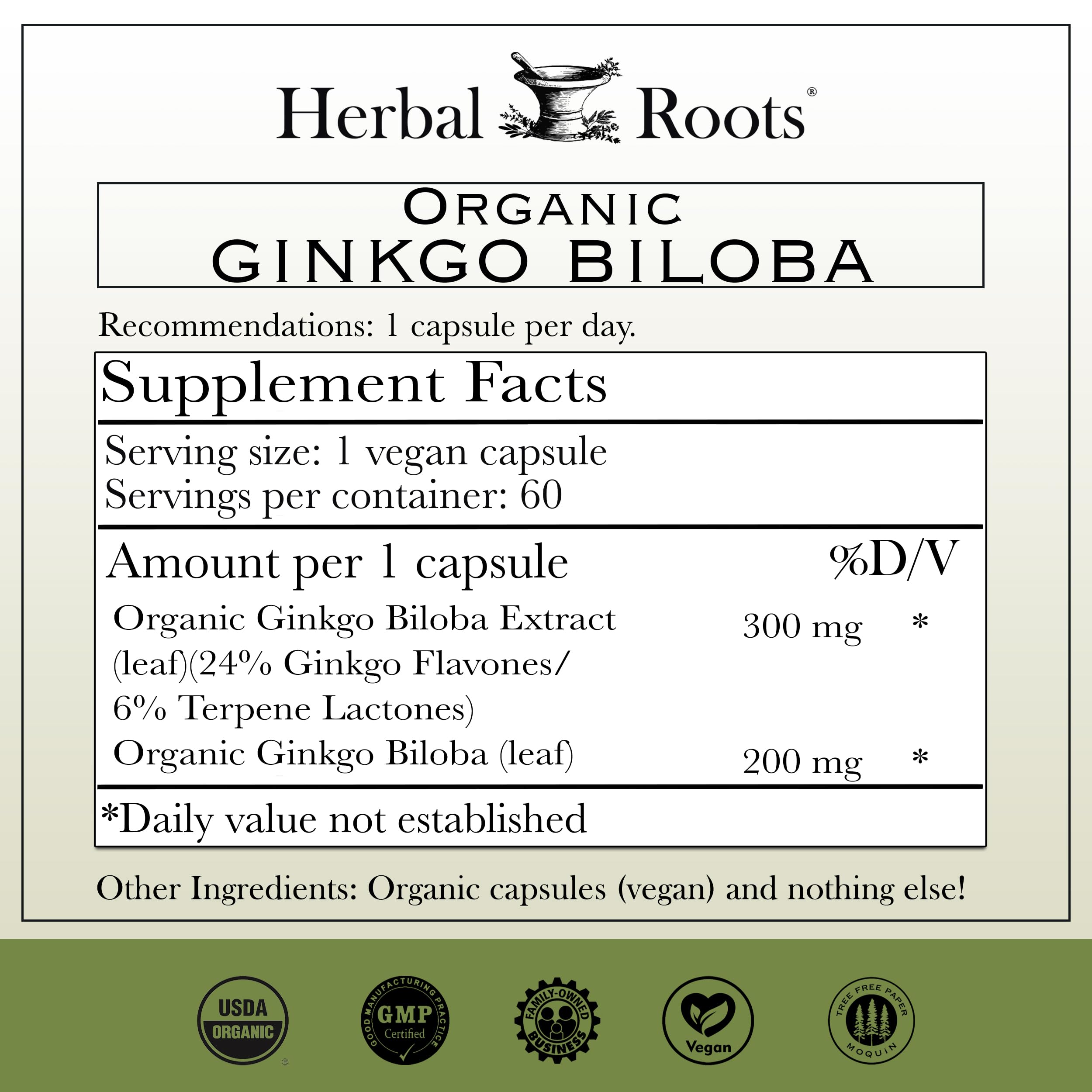 Herbal Roots Organic Ginkgo Biloba Made with Pure Organic Ginkgo Leaf and Extract - 60 Vegan Capsules