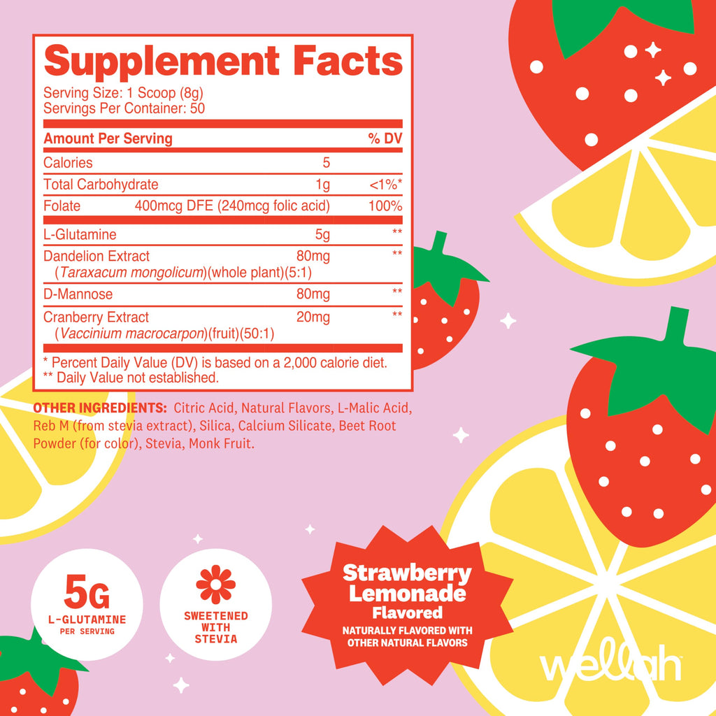 Wellah L-Glutamine Strawberry Lemonade Flavored (50 Servings) - 5g L-Glutamine Per Serving, Sweetened with Stevia