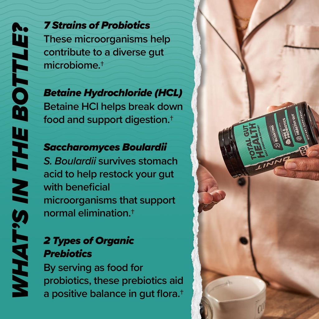 ONNIT Total Gut Health Daily Digestive Support, IGEN™ Non-GMO Tested Digestion Supplement for Women and Men with 7 Strains of Probiotics,