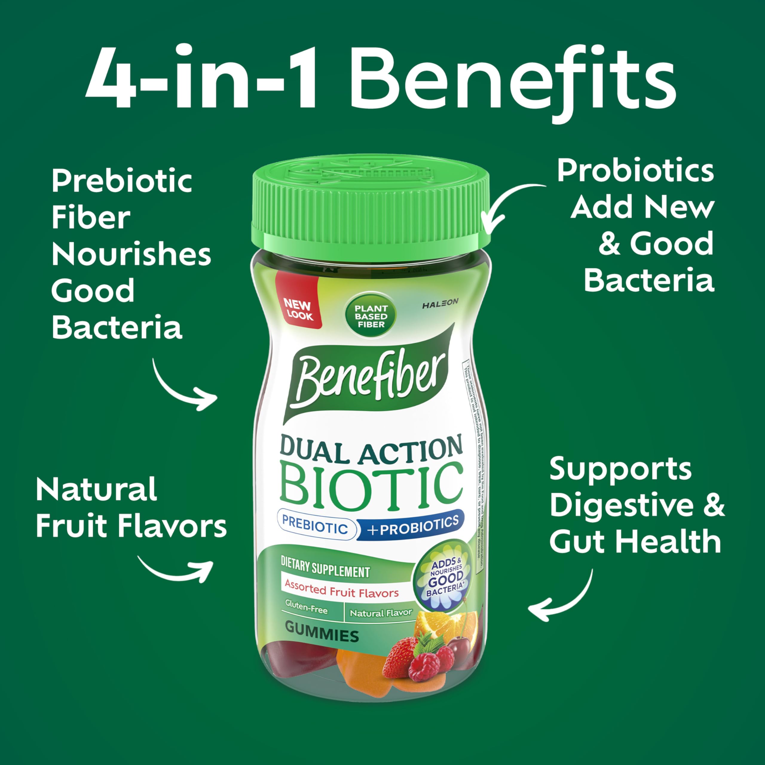 Benefiber Prebiotic  Friendly Fiber Supplement Gummies with Probiotics for Digestive Health, Assorted Fruit Flavors - 50 Count