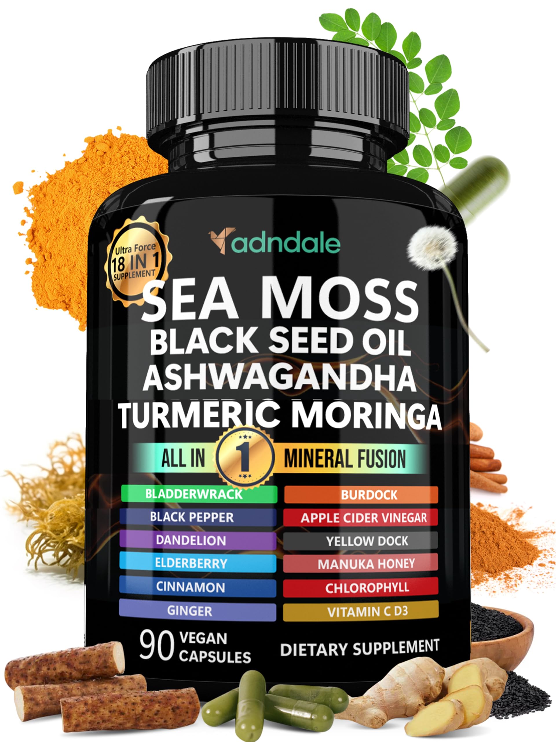 Adndale Sea Moss Capsules - Sea Moss Blend with Ashwagandha, Turmeric- 90 Count