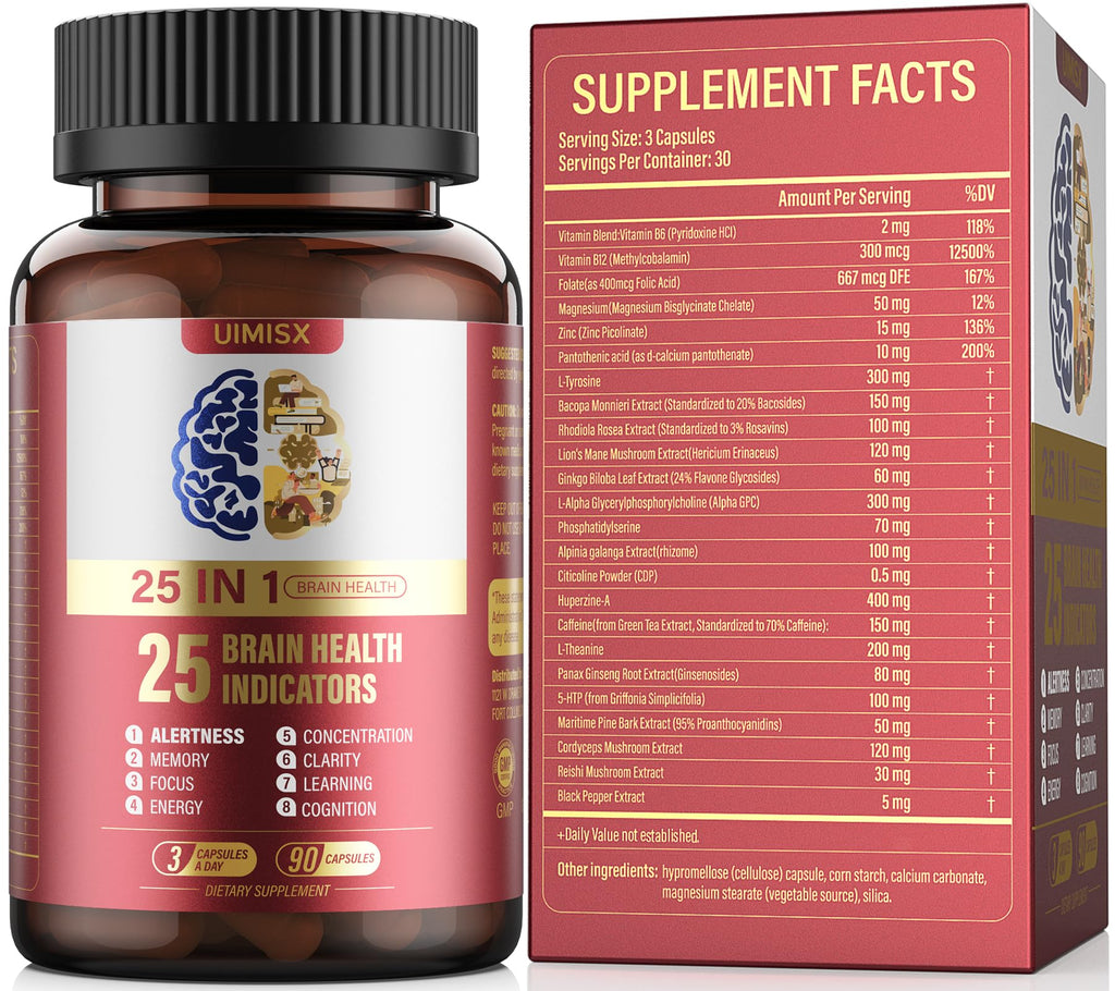 UIMISX Brain Supplement for Mental Alertness, Memory, Focus & Energy, Alpha GPC, Huperzine-A, L-Tyrosine, Phosphatidylserine, Vitamins B6 B12, High Absorption, 90 Capsules UIMISX Au supplements