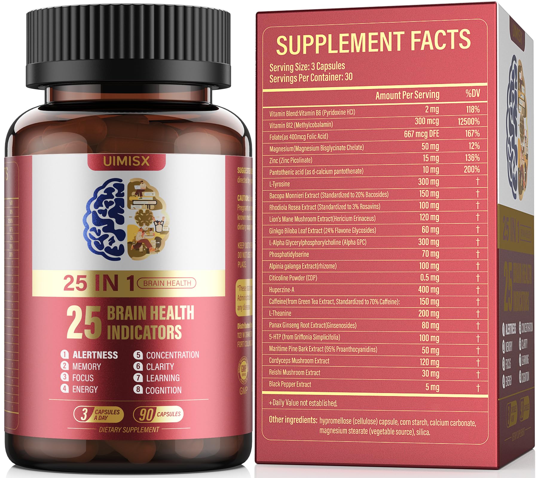 UIMISX Brain Supplement for Mental Alertness, Memory, Focus & Energy, Alpha GPC, Huperzine-A, L-Tyrosine, Phosphatidylserine, Vitamins B6 B12, High Absorption, 90 Capsules UIMISX Au supplements