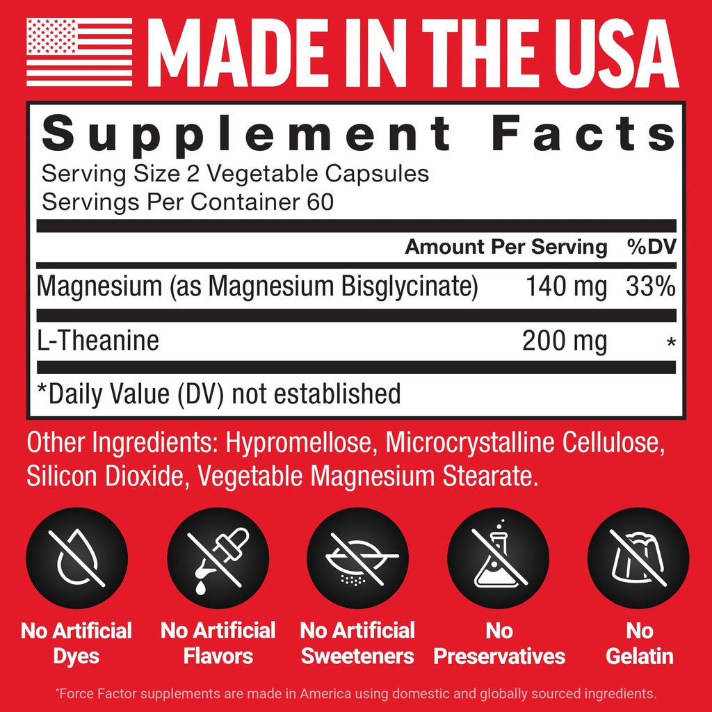 Force Factor Magnesium + L-Theanine, Magnesium Bisglycinate Supplement to Support Bones, Muscles, Nerves, Relaxation, and Mood, Vegan