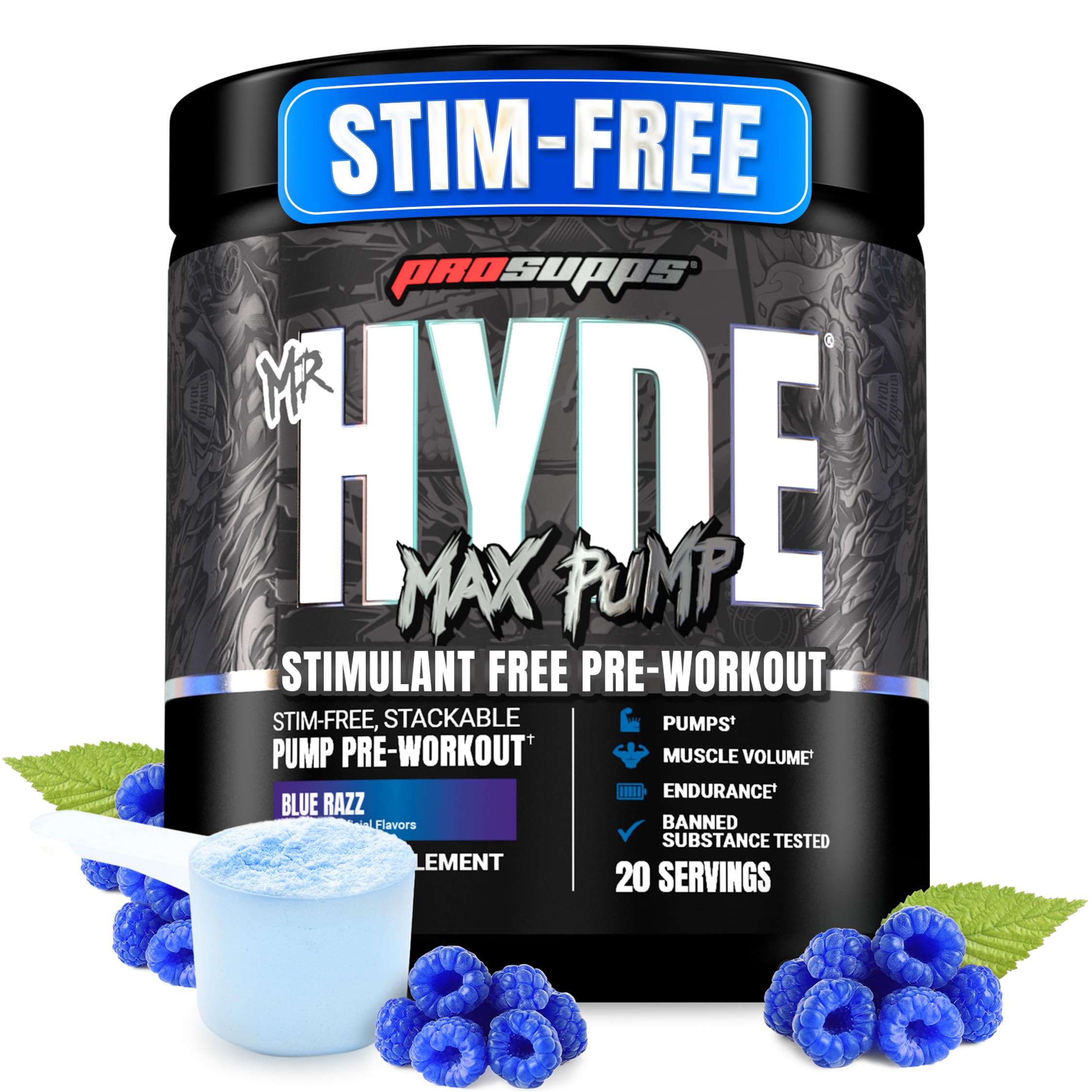 ProSupps Mr. Hyde Max Pump Pre Workout Powder - Stim-Free Preworkout Supports Blood Flow, Muscle Volume & Endurance - Caffeine-Free Nitric Oxide Gym & Fitness Supplements