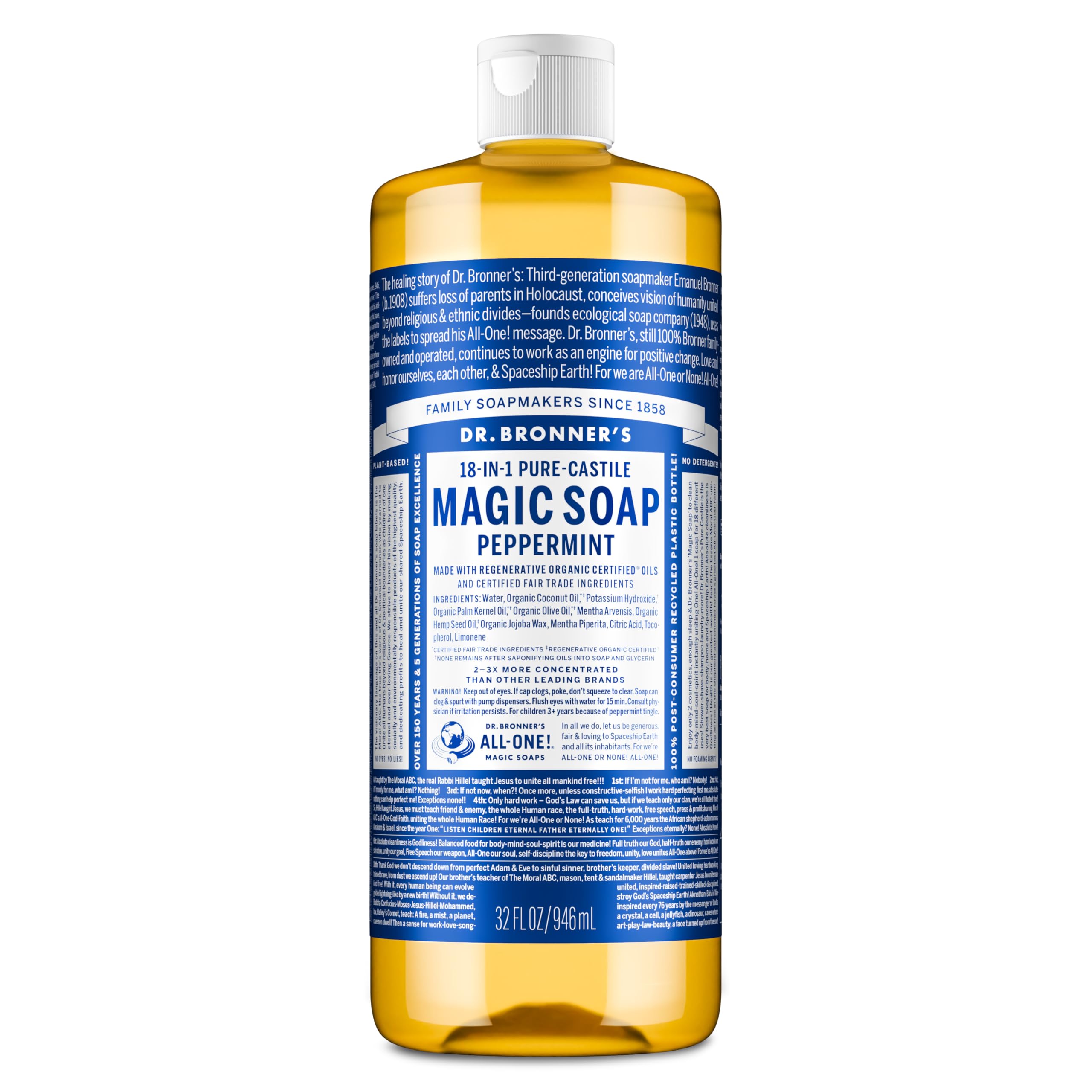 Dr. Bronner's Pure-Castile Magic Liquid Soap - Made with Regenerative Organic Certified Oils- 18-in-1 Uses for Face