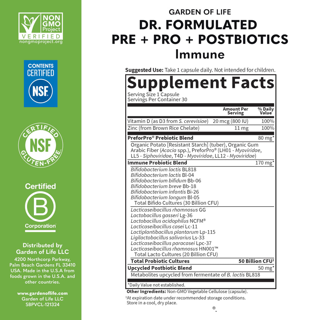 Garden of Life Dr. Formulated Pre, Post & Probiotics Immune Support with Prebiotics & Postbiotics – 50 Billion CFU, Gut & Digestive Health Support, Zinc & Vitamin D3, Vegan, 30 Day Supply Garden of Life Au supplements
