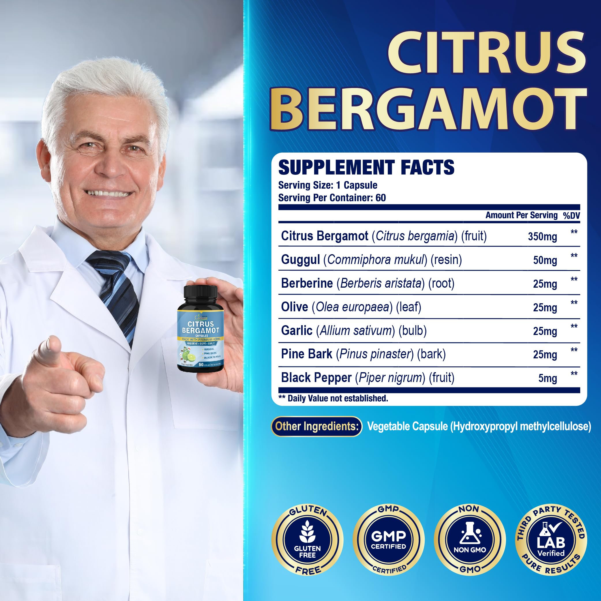 Cadane 2 Packs Citrus Bergamot Extract Capsules with Berberine, Olive, Guggul, Garlic, Pine Bark, Black Pepper | 4 Months Supply