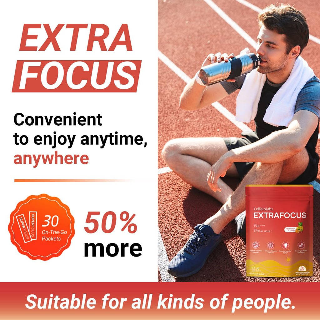 Nootropic Extra Focus Drink Mix, 30 Packs On-The-Go Sticks, Featuring Alpha-GPC, Lion's Mane & Rhodiola, Sugar-Free Packets Fruit Punch Clean Drink Mix Cellbiolabs Au supplements