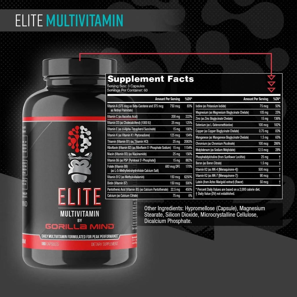 Gorilla Mind Elite Multi-Vitamin (180 Capsules) – Daily Multivitamin Formulated for Peak Performance | 27 Nutrients to Backfill Micronutrient Shortcomings Gorilla Mind Au supplements