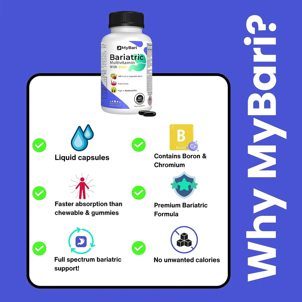 MyBari All-in-One Bariatric Multivitamin with Iron - Made in USA - for Men & Women - Supports Gastric Sleeve & Bypass with 42+ Fruit & Veggie Blend - 60 Liquid Capsules MyBari Au supplements
