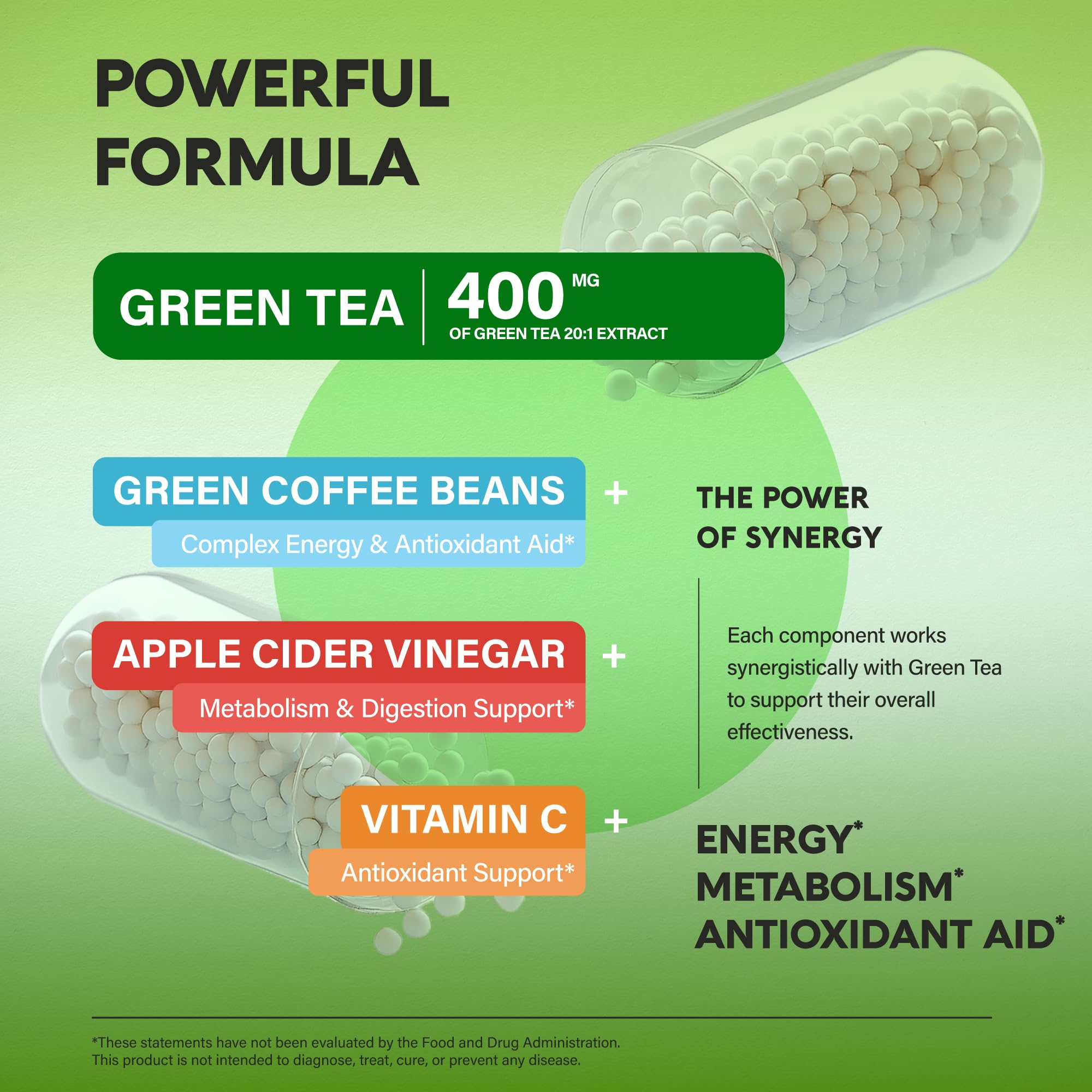 Green Tea Extract - 50% EGCG, Extra Strength 20:1 Extract - Natural Green Tea Supplement + Green Coffee Beans & Apple Cider Vinegar - Energy & Metabolism Support