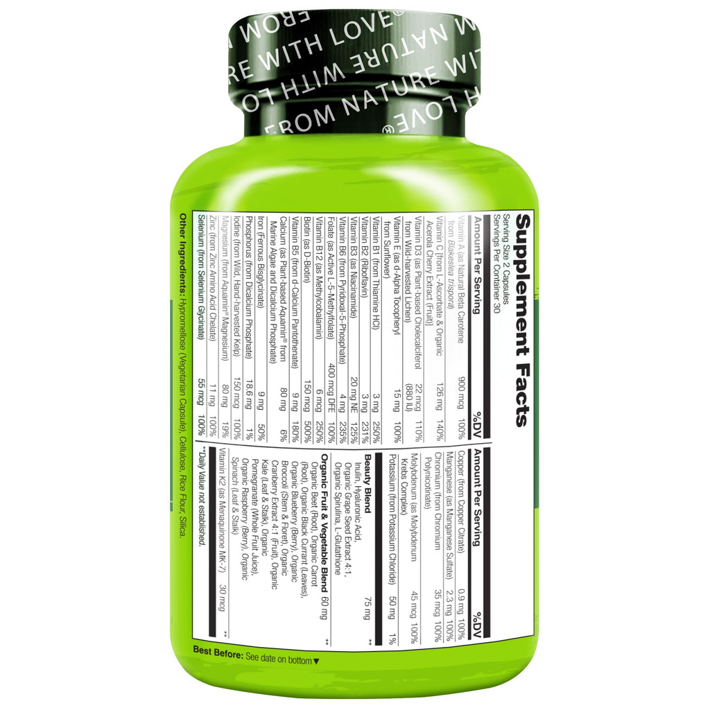 NATURELO Whole Food Multivitamin with Extra Hair, Skin and Nails Support - Beauty Blend with Hyaluronic Acid & Grape Seed - High Potency Biotin, Vitamin C