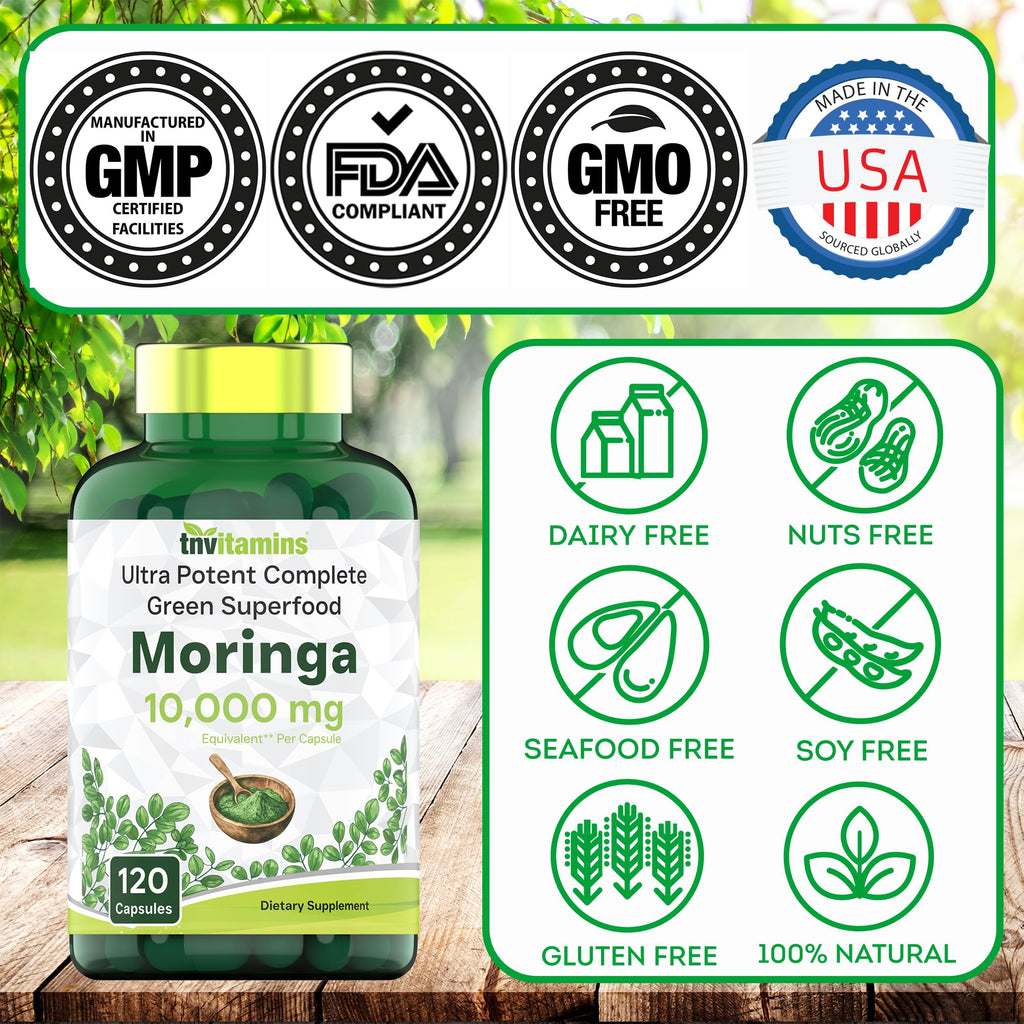 tnvitamins Moringa Capsules 10,000 mg - 120 Capsules | High Potency Moringa Leaf Extract Superfood Supplement for Energy