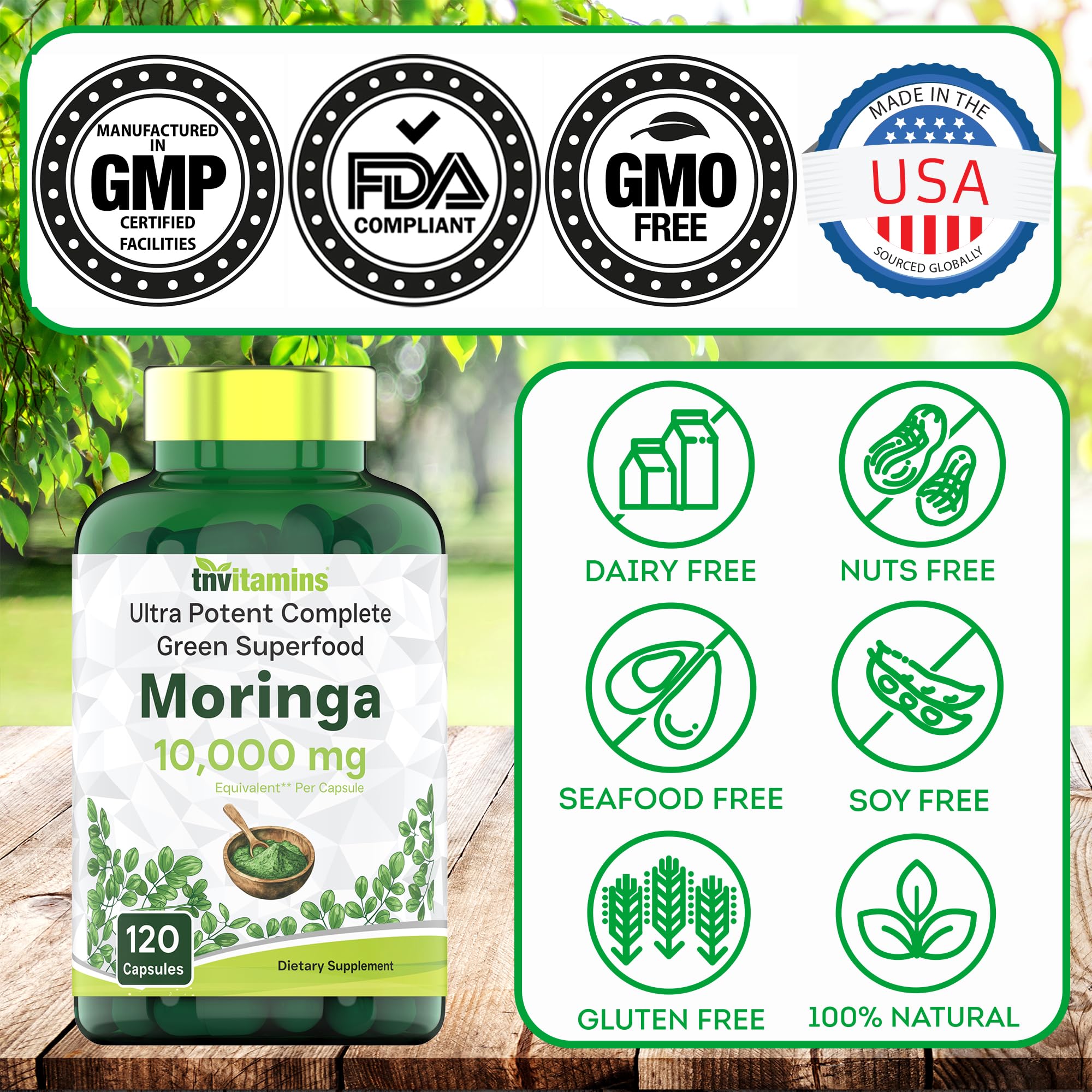 tnvitamins Moringa Capsules 10,000 mg - 120 Capsules | High Potency Moringa Leaf Extract Superfood Supplement for Energy