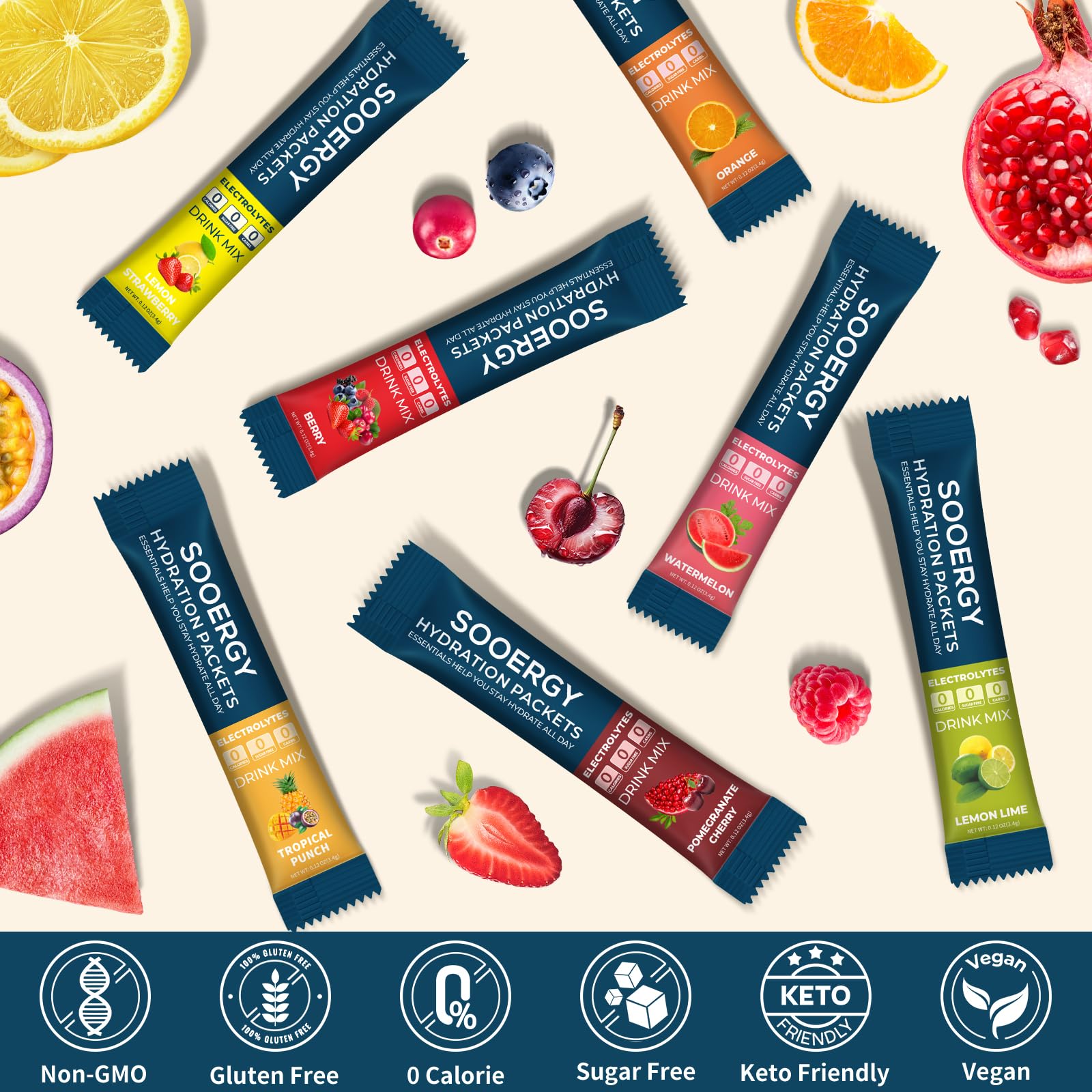 Sooergy Electrolytes Powder Packets Sugar Free Hydration Packets, 7 Flavors Liquid Daily IV Electrolyte Drink Mixes for Rehydration