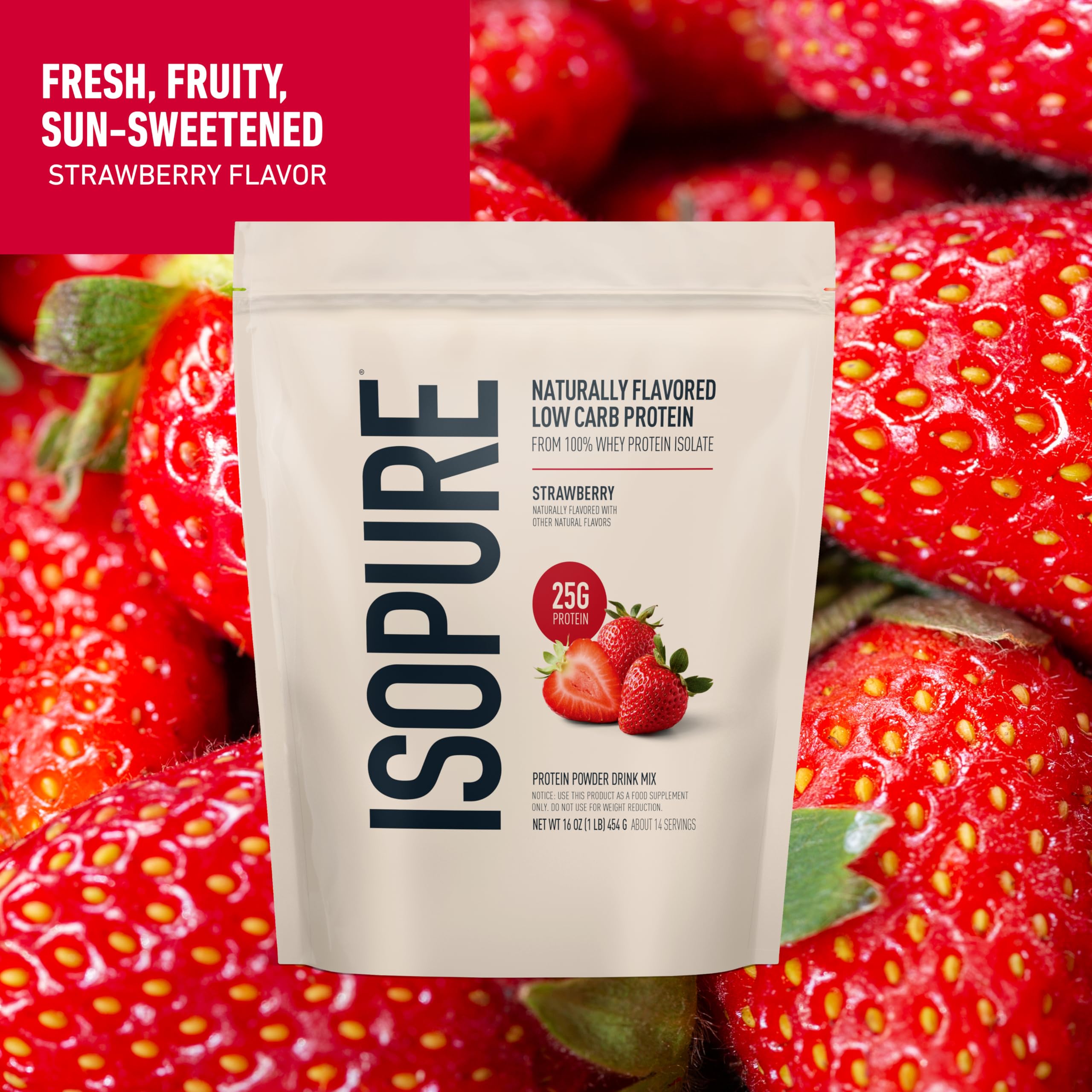 Isopure Low Carb 100% Pure Whey Isolate Protein Powder, Lactose Free, Gluten Free, With Vitamins, Strawberry, 25g Protein Per Serving, 1 Lb, 14 Servings (Packaging May Vary)