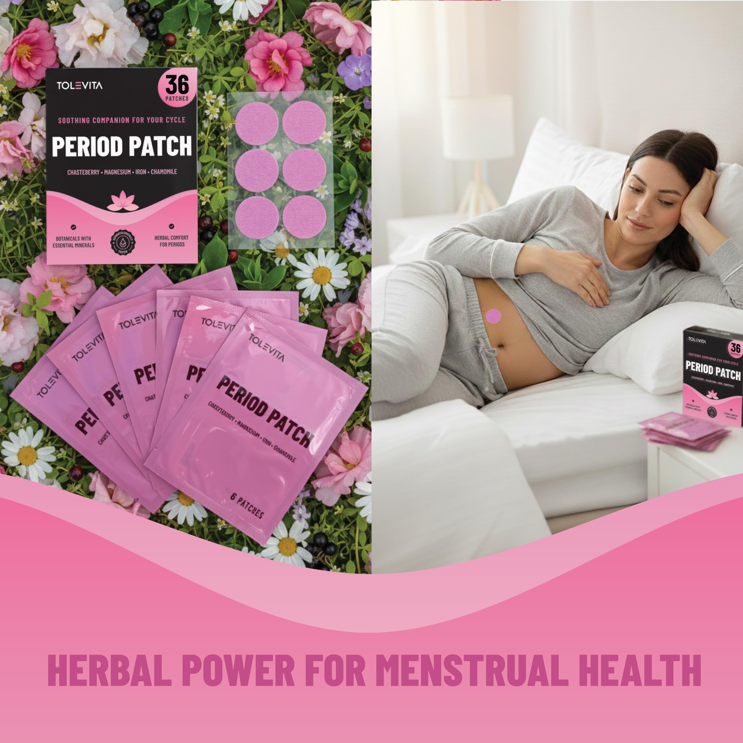 TOLEVITA Period Relief Patches 36 Pcs – Herbal Cramp Support with Chasteberry, Magnesium, Evening Primrose, Dong Quai, Curcumin, Vitamins B6 & E, Iron, Chamomile – Hormonal Balance & Menstrual Comfort TOLEVITA Au supplements