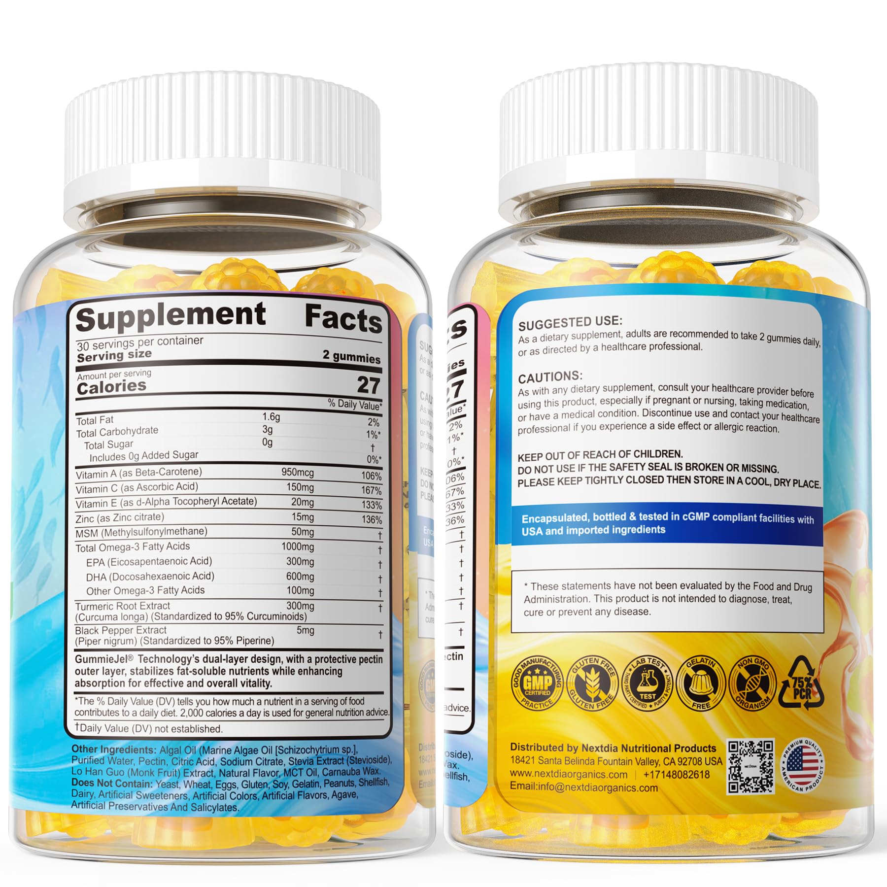 Vegan Omega-3 Gummies 1000mg + Turmeric - Omega 3 Fish Oil Alternative for Adults - Algae DHA 600mg & EPA 300mg