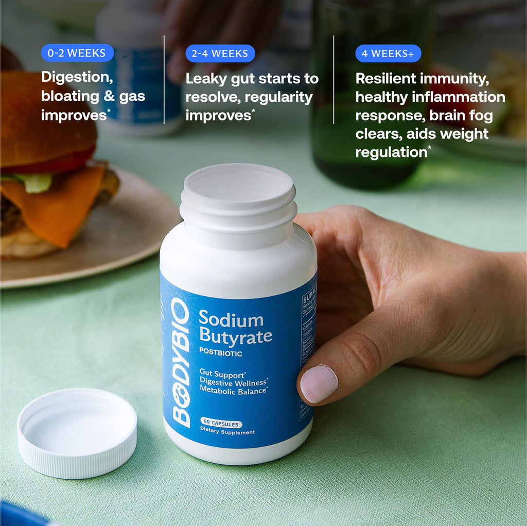 BodyBio Butyrate - Postbiotic for Gut Health, Digestive Support, Bloat, Gas & Constipation Relief, Leaky Gut Repair - Sodium